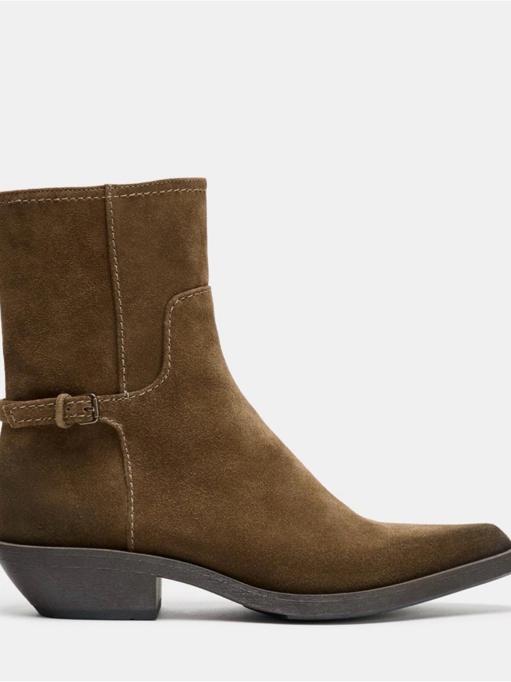 Zara Olive Brown Suede Ankle Boot with Side Buckle